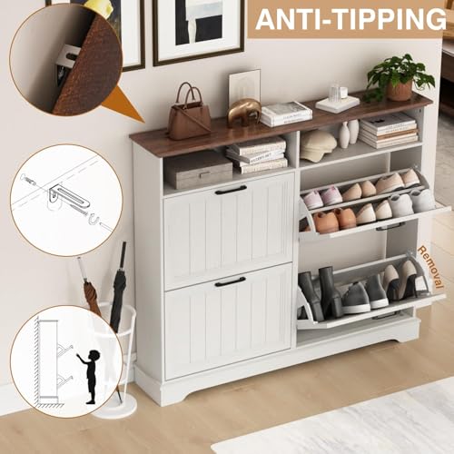 Image of Hidden Shoe Storage Cabinet with 4 Flip Drawers & Open Storage