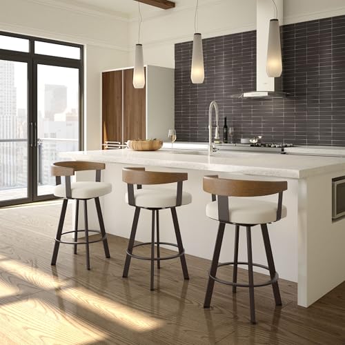 Image of Amisco Lars 26 inch Swivel Counter Height Barstool, Upholstered Stool with Solid Wood Back and Arms for Kitchen Island or Bar, Drees Stool, Cream Boucle Polyester /Light Brown Wood /Dark Brown Metal