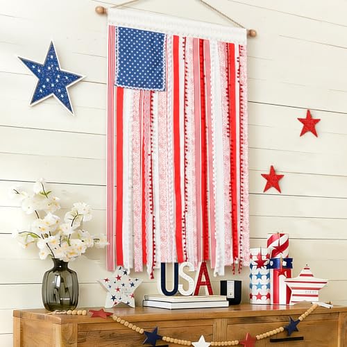 Image of 4th of July Decorations - Vintage American Flag 4 x 2.3 Ft Rustic Rag Ribbon Flag Banner - Patriotic Flag & Independence Day Decor for Home Mantel Party Vintage 4th of July Decorations for Outside Yard Porch