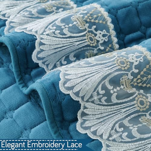 Image of HOKIPO 'BelleLace Series' Imperial Milk Velvet Sofa Backrest Mat Cover with Lace | Anti-Slip | 1 Pc - Celdaon Blue (AR-6311-BL)
