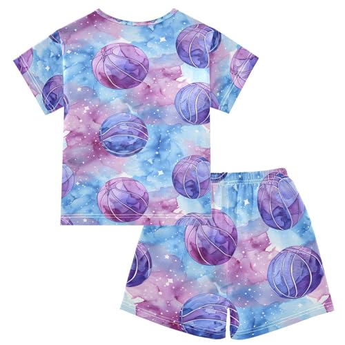 ALAZA Basketball Watercolor Blue Pajamas Set Short Sleeve Cotton Sleepwear Summer Pjs 2 Piece 5-14Y2