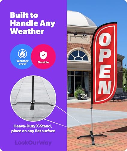 Image of LookOurWay Feather Flag Set - 5ft Tall Advertising Banner Flag with Pole Kit and X-Stand for Business Promotion - Open, Red /White