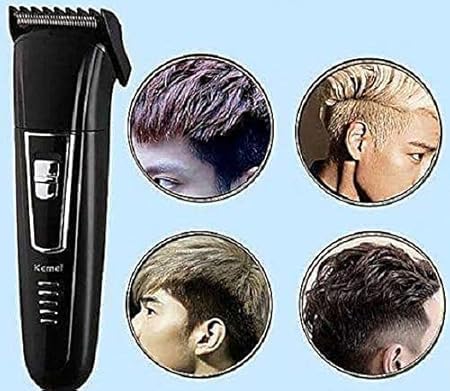 Kemei KM-6558 multifunction shaver next to four circular insets showing different men's hairstyles and beard styles achievable with the device.
