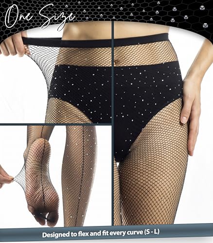Image of Rhinestone Fishnet Tights with Back Seam for Women - High Waist Sparkling Pantyhose, Seamless Nude Mesh Stockings, Glitter Stretch Hosiery for Party, Dance, Clubwear (S-L)