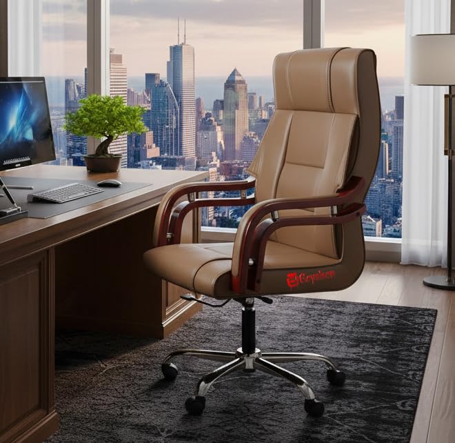 Image of GOYALSON Comfortable Revolving Chair for Director Principal Manager Office with arm Rest with Wheels and Cushioned seat Back (1, Brown, Wooden Handle High Back)