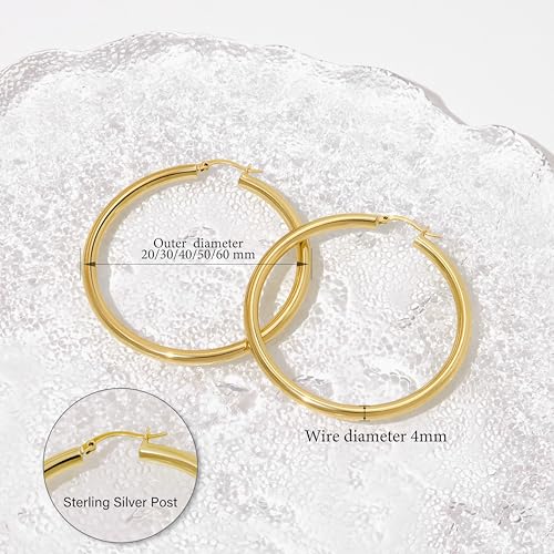 5 MM Wide Thick Chunky Gold Hoop Earrings for Women Trendy, Hypoallergenic Large Big Hoops with Sterling Silver Posts, Lightweight Hollow Tube Real Gold Hoop Jewelry 30/40/50/60/70 MM3