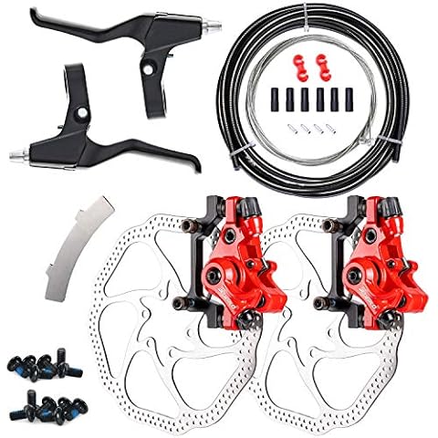 Farbetter Mechanical Bike Disc Brake Kit, Including Front and Rear Caliper, Brakes Cables, Brake Levers, 160mm Rotor, with Cable End Tips Caps, Rotating S-Hook Clips, Disc Rotor Adjuster (Red) Cover