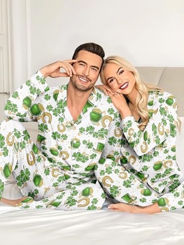 St. Patrick's Day Matching Pajamas for Couples Green Lucky Shamrock Long Sleeve Sleepwear for Women and Men2