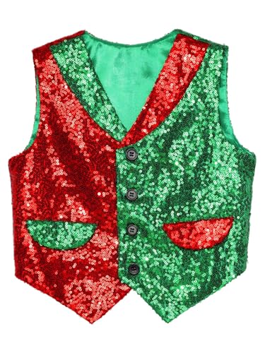 Hedmy Kids Boys Christmas Vest Xmas Holiday Party Waistcoat V Neck Sequins Stage Show Top with Flap Pockets3
