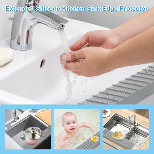 Image of Silicone Sink Edge Protectors 4 inch x 24 inch, Upgrade Kitchen Sink Splash Guards With Suction Cup, Splash Guard For Bathtub Sink, Countertop Protectors For Quartz Kitchen Sink(Gray)