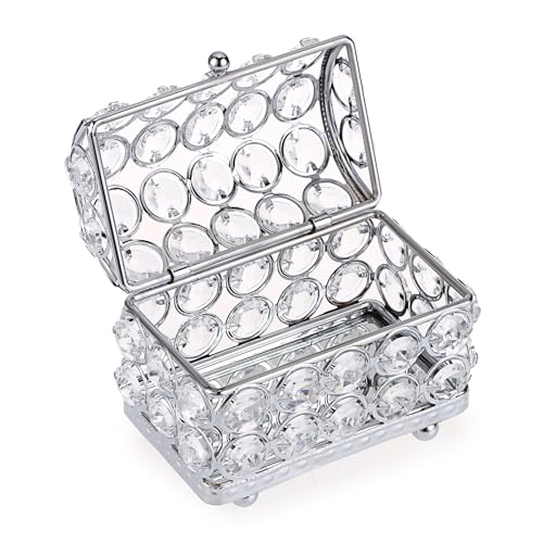 Hipiwe Crystal Jewelry Trinket Box Silver Mirrored Treasure Chest Box Small Keepsake Box Decorative Jewelry Display Case Organizer Earrings Rings Storage Box Gift for Women