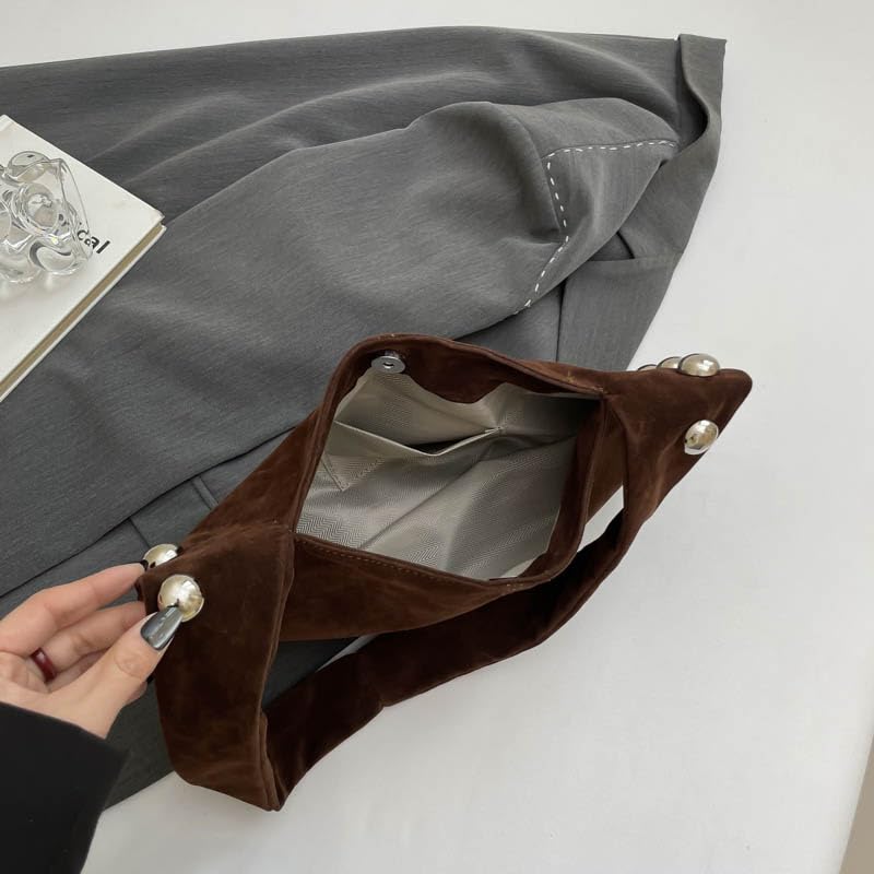 Women Suede Hobo Bag Studded Shoulder Bag Solid Color Slouchy Bag Trendy Handbag for Work Travel Shopping4