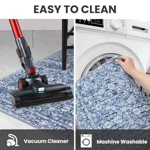 2.6x14 Blue Washable Runner Rug for Kitchen, Soft Classic Runners with Non-Slip, Non-Shedding Distressed Floral Rug for Hallways Entryway Bedroom Bathroom Laundry Indoor