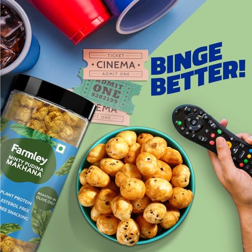 Image of Farmley Roasted and Flavoured Makhana | Minty Pudina Makhana | Namkeen Snacks & Puffed Snacks | Healthy Snack | Cholesterol Free | Gluten Free | Rich In Protein & Fiber | Roasted in Olive Oil - 77g Jar