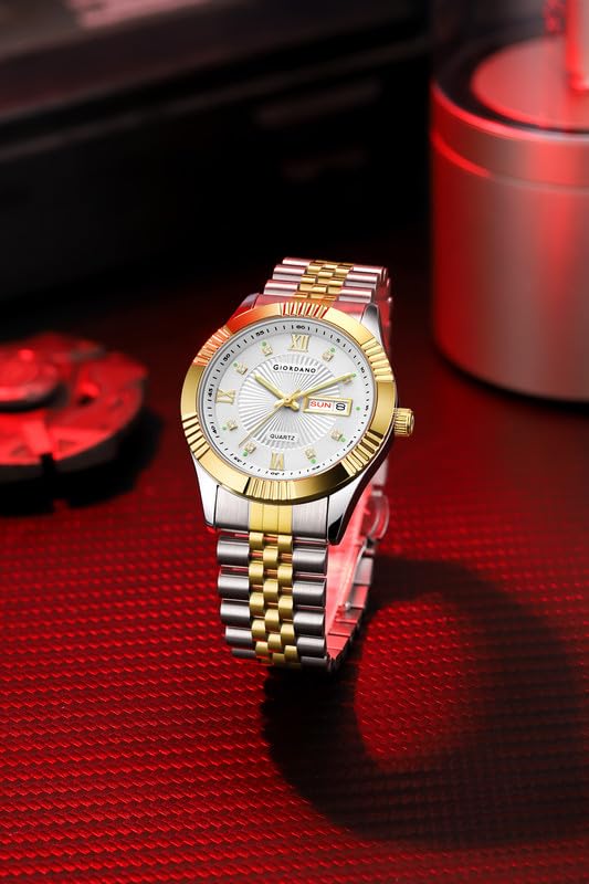 Image of Giordano Classic Analog Quartz Watch for Men with Textured Dial, Fluted Bezel, Day & Date Display & Two-Tone Stainless Steel Strap