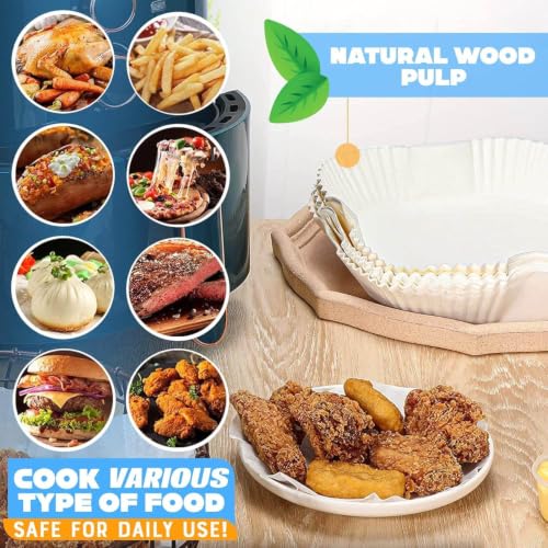 Image of PureBake 100 Pcs Air Fryer Paper Sheets, Disposable Paper Liner, Parchment Paper for Airfryer & Microwave, Oil Proof for Frying, Baking, Cooking, Roasting (Square, 8 Inch with Oil Brush)