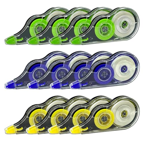 XIAQICA 12 Piezas cinta correctora 12M x 5mm Mini Cintas Correctoras Amarillo/Verde/Azul Correction Tape con Capuchón Protector para Adulto Estudiante Oficinista Maestros Estudiantes Empleados