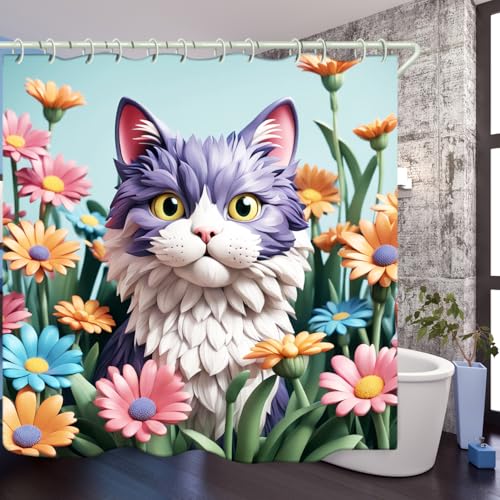 Image of LYFANS Bathroom with Purplish White Cat 3D Shower Curtains, Luxury Bathtub Standard Shower Curtain, Waterproof and Bright Fabric Shower Curtain Size (72x72 Inches)