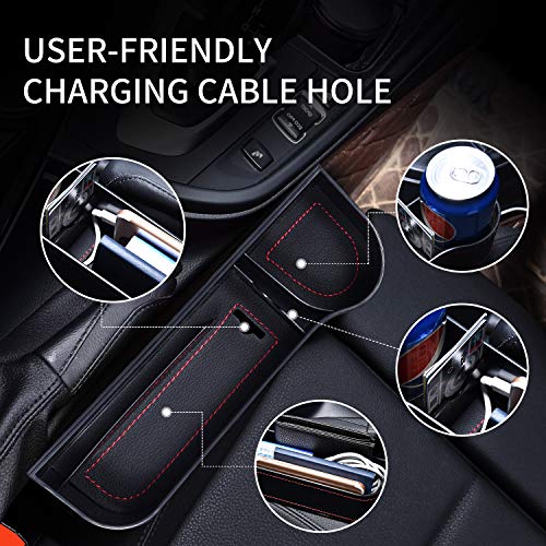 Car Seat Gap Filler Organizer 2 Packs PU Leather Front Seat Organizer with Cup Holder, Storage Box, Console Side Pocket for Cellphone, Wallet, Coins, Keys, Cups, Cards, Sunglass (Black)