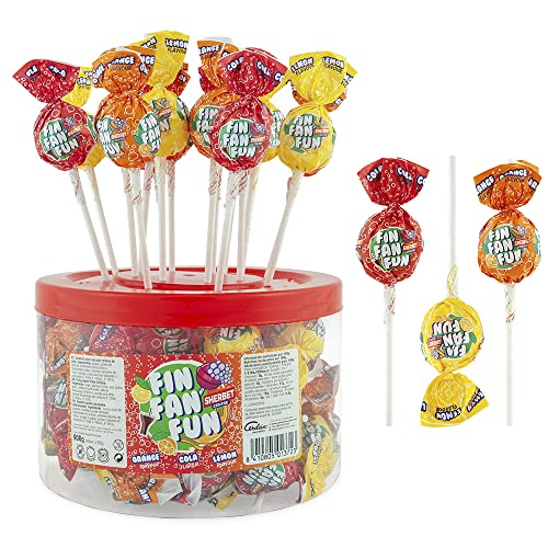 Caramelos Cerdán - Caramelo con Palo FIN FAN FUN | Naranja, Limón y Cola Relleno de Soda | Caramelo Duro Sin Gluten ni Alérgenos | Tarro de 45 Unidades | Ideal para San Valentin y Cumpleaños