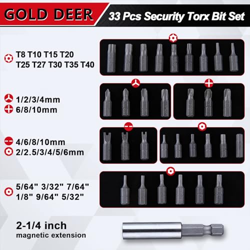 GOLD DEER 33PCS Security Torx Bit Set including Magnetic Extension Bit Holder and L Spanner Tamper Resistant Star Bits Tamper Proof Allen Wrench Set Security Screwdriver Set - Image 2