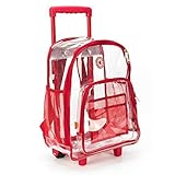 Rolling Clear Backpack Heavy Duty Bookbag Quality See Through Workbag Travel Daypack Transparent School Book Bags with Wheels Red