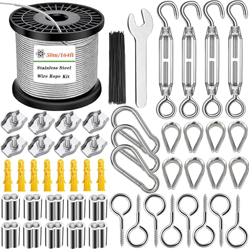 Wire Rope Kit, 1/16 inch Stainless Steel Cable, 165ft Vinyl Coated, M4 Turnbuckles, for Garden Trellis, String Lights, Curtains