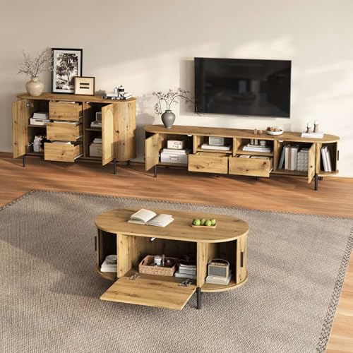 EURHCIO Ensemble Salon 3 Pièces,Meuble TV Ovale avec Buffet Cuisine Ovale et Table Basse,Portes Coulissantes,Décor en Rotin,pour Bureau,Salon (A-Naturel, D)