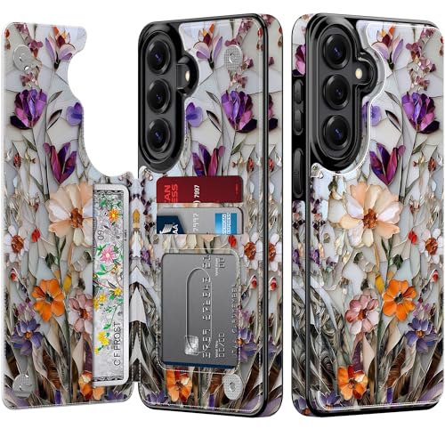 Goodon for Samsung Galaxy S26 Wallet Case for Women Premium Floral PU Leather Phone Cover with Card Holder Slots RFID Blocking & Kickstand Cute Drop Proof Case - Marble Pressed Flowers