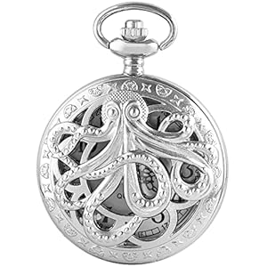 Dentily Vintage Octopus Hollow Quartz Pocket Watch Steampunk Black Pocket Watch with Necklace Chain Gift