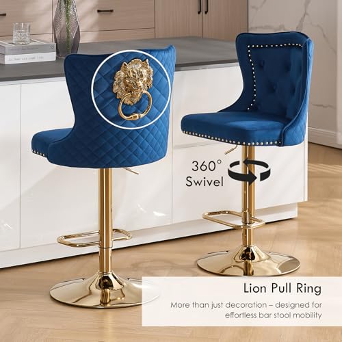 Butacos Giratorios Ajustables de Terciopelo, Juego de 6 Sillas Altas para Barra con Detalle de Anilla en Forma de León y Espalda Alta Acordonada, Estilo Moderno para Isla de Cocina, Azul Marino y Dorado miniatura 4