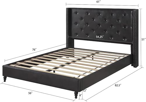 Miniatura 5 de Base de cama de plataforma tapizada completa con cabecero de 51 pulgadas de alto, cama de tela copetuda con botones, soporte de listones de madera