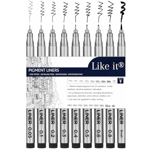 Image of like it Micro-Pen Fineliner Ink Pens Set of 9 Black Waterproof Archival Ink Micro Fine Point Pens with Brush Tip for Sketching Drawing Writing Technical Illustration