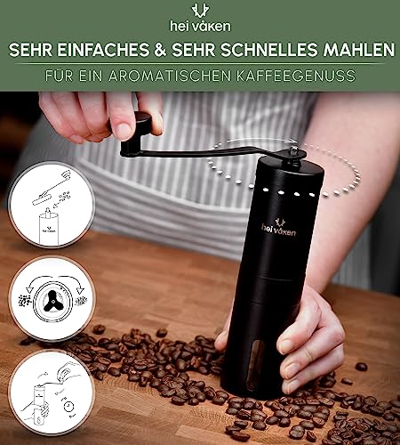Foto von hei våken Kaffeemühle manuell mit Kegelmahlwerk - Verstellbarer Mahlgrad - Handmühle aus Edelstahl für Zuhause & unterwegs