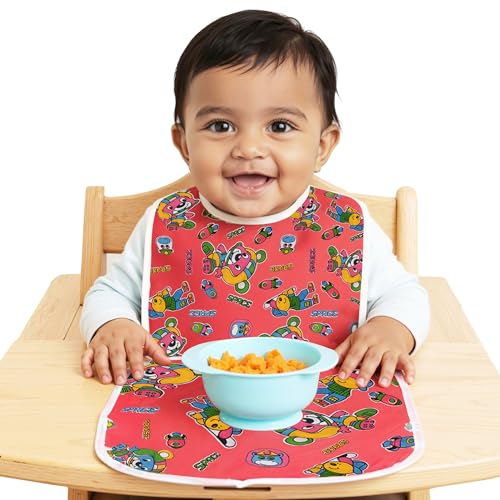 Kuber Industries 2 Pcs PVC Bibs for Newborn Baby with Food Mat | Apron for Kids | Easy-to-Clean & Soft Bib for Babies 6 Months To 1 Year | Cartoon Print - Red