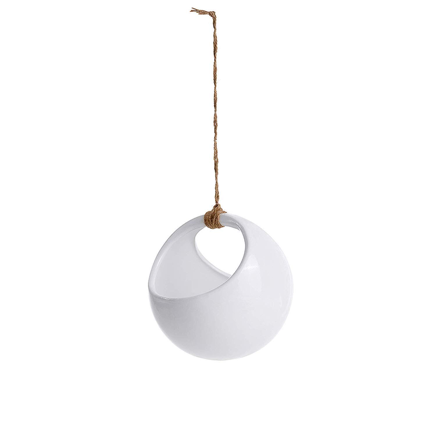 Ceramic White Hanging Planter Pot – Round Planters with Jute Twines – Ideal as Succulent, Cactus, Artificial or Air Plant Hanger – Be it Door, Window, Patio, Home, Office, Balcony