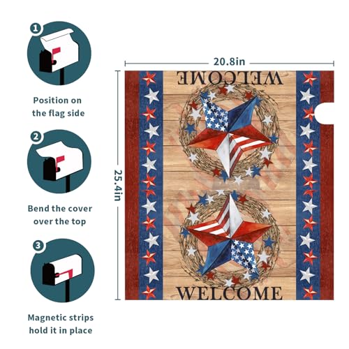 Image of 4th of July Patriotic Star Magnetic Mailbox Cover - Large Size 25.5 inchx21 inch American Flag Design for Memorial Day - Red White Blue Decorative Letter Box Wrap for Outside