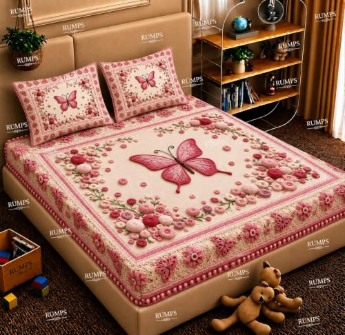 Image of RUMPS 3D Digital Printed Double Bedsheet Flat | Premium Knitted Cotton MicroFabric 90x100 Inch Bed Sheet with 2 Pillow Covers, Cute Cartoon Blue Bird (11D Digital 61)