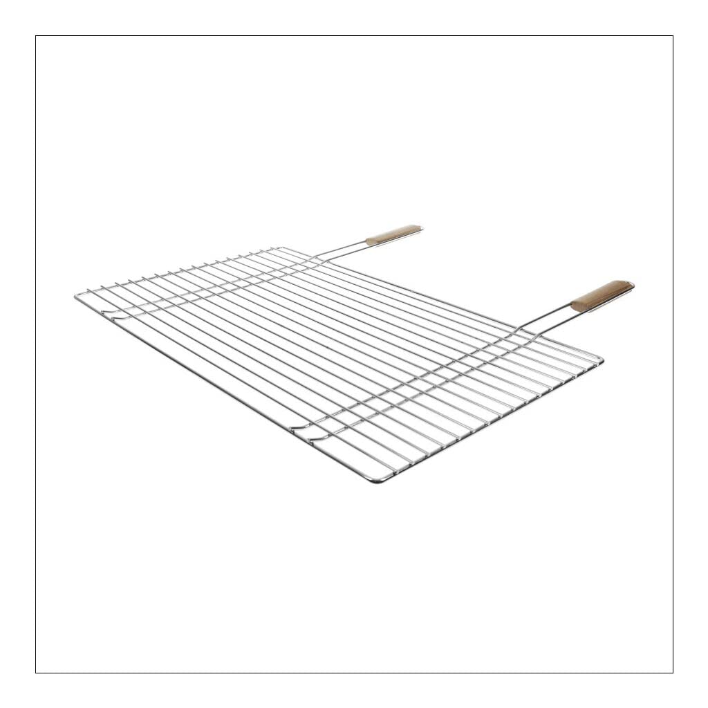 RUECAB - Griglia per barbecue in acciaio cromato rettangolare, dimensioni: 68 x 40 cm - Maniglie in legno