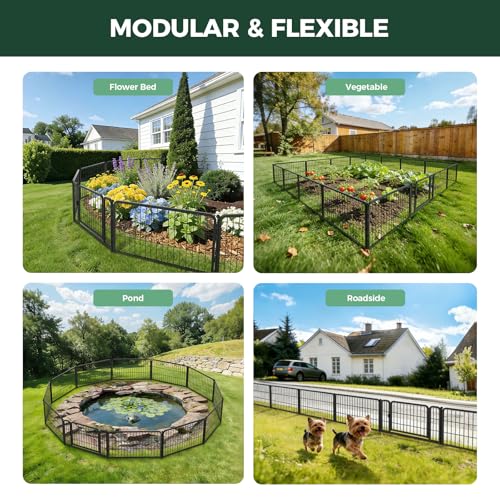 Image of FXW Garden Fence Outdoor for the Yard - 17in(H) x 29.3ft(L) Heavy Duty Metal Animal Barrier for Dog, No Dig Decorative Dog Fence, 12 Panels, Black