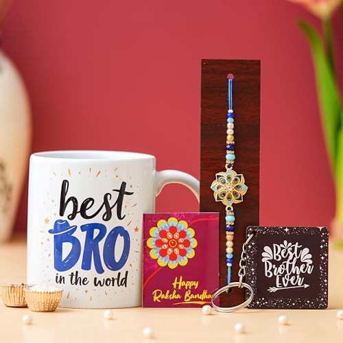 Image of Rakhi Set for Brother with Printed Ceramic Mug & Keychain Combo |Pack of 5 (Greeting Card, Roli Chawal, Rakhi, Printed Mug, Keychain) Gift Hamper for Brother