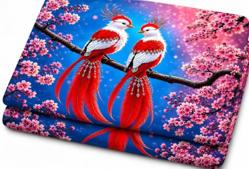 Image of RUMPS 7D Digital Printed Flat Bedsheet for Double Bed, King Size 90 x 100 Inches with 2 Pillow Covers, Soft Microfiber Fabric, Red Bird & Cherry Blossom Floral Design, Stylish Bedroom Bedsheet