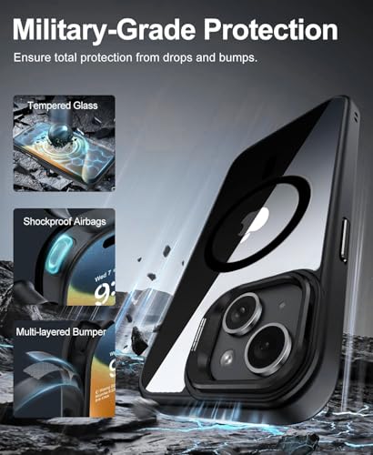Image of VONZEE Clear Camera Kickstand Case for iPhone 15, Built-in Adjustable Camera Stand, Clear Magnetic Mag-Safe Shockproof Classic Series Phone Cover (Black)