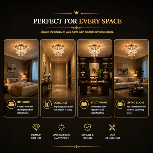 Image of Dreamie Crystal Chandelier Lights for Ceiling | Mini Crystal Chandelier Jhoomer Flush Mount Ceiling Light for Hall, Kitchen, Living & Dining Bedroom | Size 400 MM