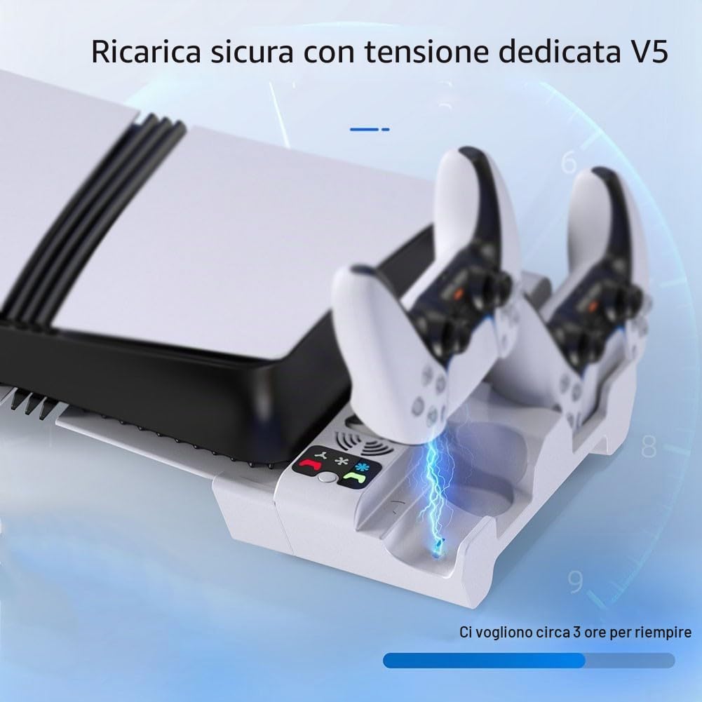 Supporto di raffreddamento orizzontale per PS5 SlimPro, ventola a 3 livelli e caricabatterie doppio controller, base di raffreddamento multifunzione per controller di gioco, accessorio