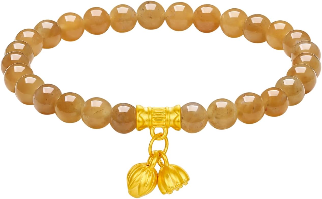 24K Solid Gold Jade Beaded Bracelets Pure Gold Lotus Charm Natural Gemstones Stretch Bracelet Jewelry for Women Mom Daughter Lover Birthday 6.7" Y1914799