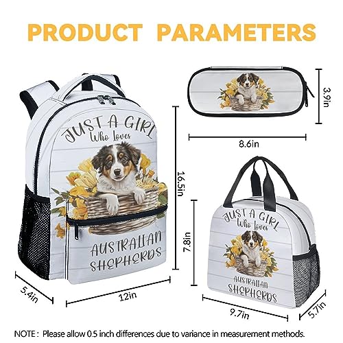 Australian Shepherd Backpack with Lunch Box Set for Girls Boys, 3 in 1 Dog School Backpacks Matching Combo, Cartoon White Bookbag and Pencil Case Bundle4