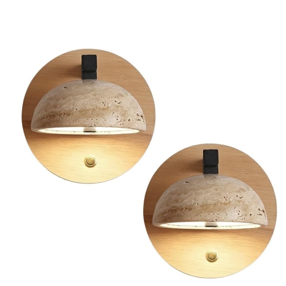 LUOYAOB Nordic Minimalist Wooden Wall Sconce with Switch Yellow Travertine LED Wall Lamp 12W Round Stone Wall Light for Bedroom Living Room Hallway(2-Pack)