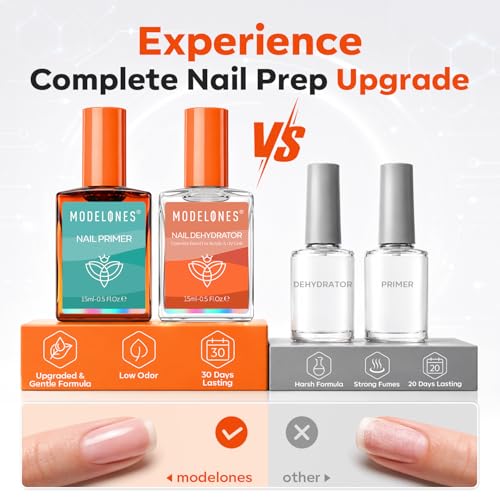Image of Modelones Nail Dehydrator and Primer Set 15ml 2 Pcs HEMA Free Prep Kit | Acid Free Strong Adhesion Bonder Base Coat for Gel Polish Acrylic X Nail Gel Press On No Lift Long Lasting Home Manicure