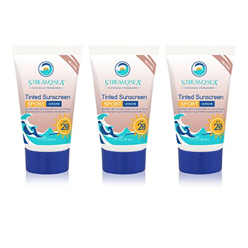Stream2Sea Travel Size Biodegradable Sunscreen, Eco Tint Mineral Sunblock with SPF 20, 1oz Each, Pack of 3